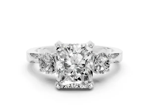 Radiant Cut Brilliant Three-Stone Diamond Ring with Pavé Band and Four-Prong Setting White gold