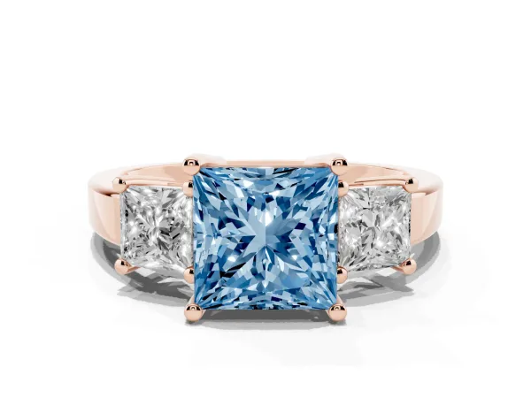 Fancy Blue Three-Stone Princess Cut Cut Solitaire Ring with Prong Setting Rose gold