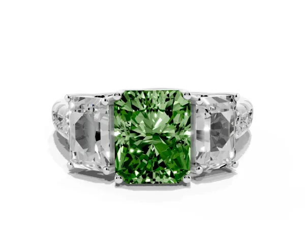 Fancy Green Three-Stone Radiant Cut Diamond Pavé Band with Prong Setting White gold