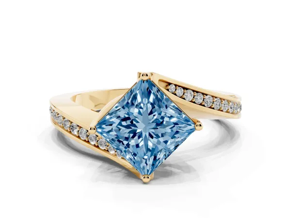 Fancy Blue Princess Cut Solitaire Diamond Twist Band with Pavé Setting and Four-Prong Setting Yellow gold