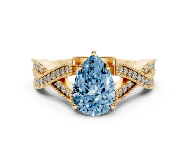 Fancy Blue Pear Cut Cut Diamond Twisted Band with Milgrain Pave Setting and Four-Prong Setting Yellow gold