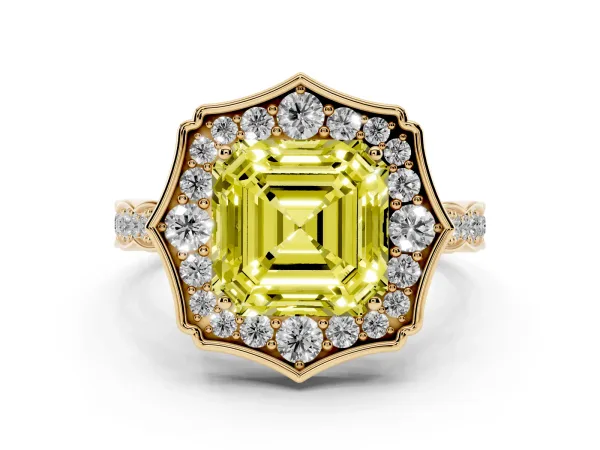 Fancy Yellow Asscher Cut Halo Diamond Engagement Ring with Milgrain Band and Four-Prong Setting Yellow gold