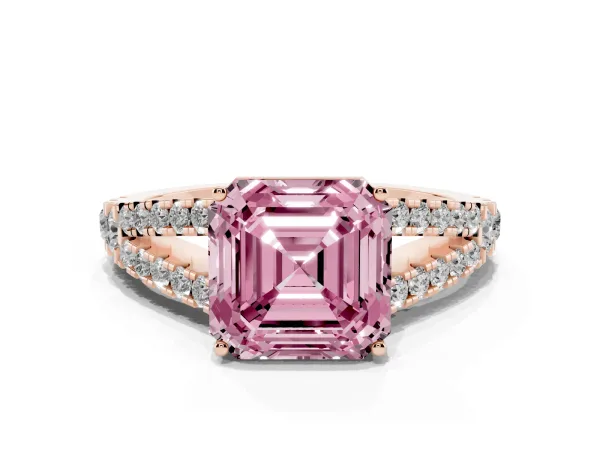 Fancy Pink Asscher Cut Diamond Split Shank Engagement Ring with Round Pavé and Prong Setting Rose gold