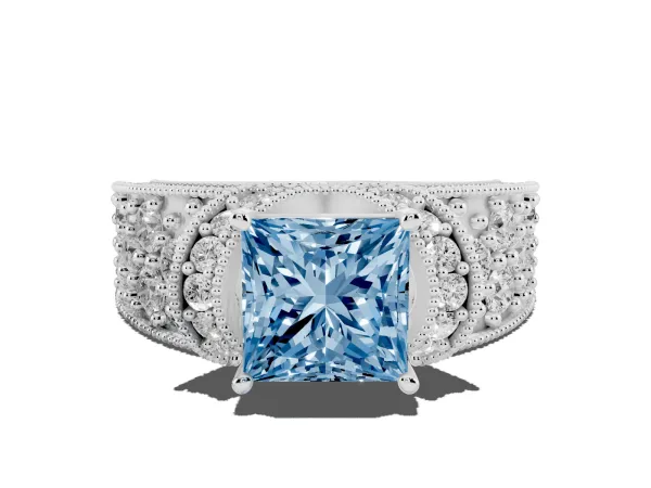 Fancy Blue Princess Cut Halo Pave Diamond Engagement Ring with Milgrain Detailing Platinum