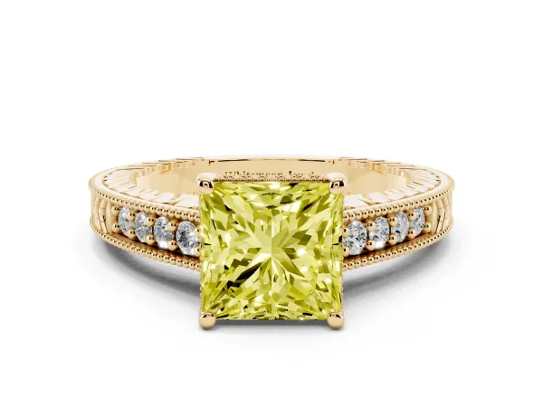 Fancy Yellow Princess Cut Solitaire Pavé Diamond Milgrain Engagement Ring with Four-Prong Setting Yellow gold