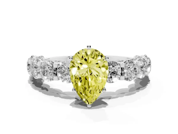 Fancy Yellow Pear Cut Diamond Side Stone Engagement Ring with Four-Prong Setting Platinum