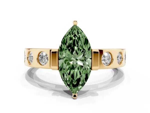 Fancy Green Marquise Cut Brilliant Channel-Set Diamond Ring with Bezel Prong Setting Yellow gold