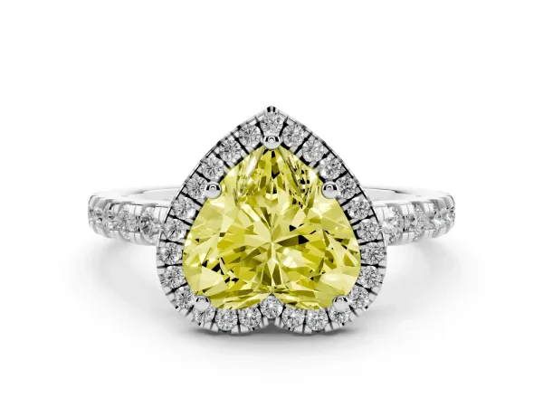 Fancy Yellow Heart Cut Diamond Halo Ring with Pavé Band and Four-Prong Setting White gold