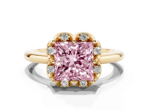 Fancy Pink Princess Cut Halo Diamond Ring with Round Cluster Setting, Solitaire Band, and Four-Prong Setting Yellow gold