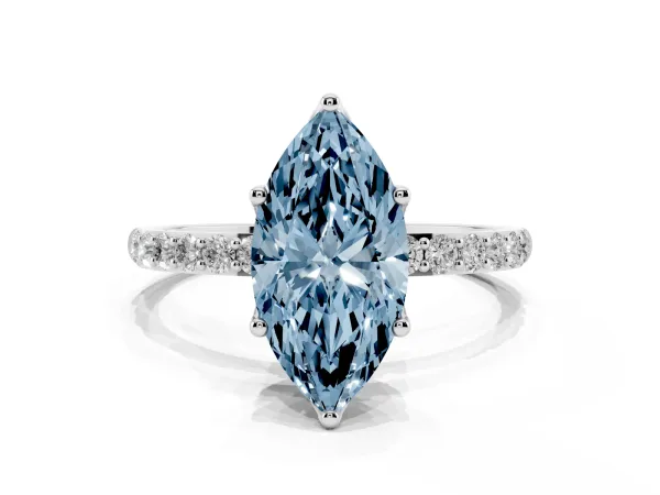 Fancy Blue Marquise Cut Diamond Solitaire Engagement Ring with Round Pavé Band and Prong Setting Platinum