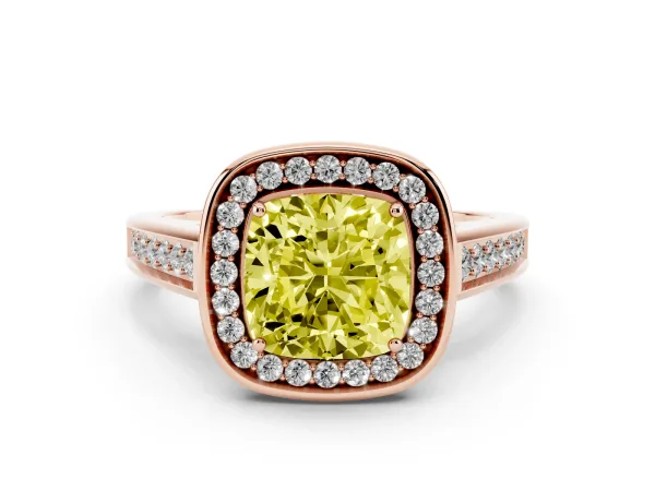Fancy Yellow Cushion Cut Halo Solitaire Diamond Ring with Pave Band and Bezel Setting Rose gold