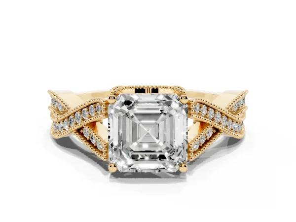 Asscher Cut Cut Diamond Twisted Band with Milgrain Pave Setting and Four-Prong Setting Yellow gold
