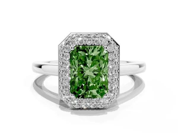 Fancy Green Radiant Cut Halo Diamond Engagement Ring with Solitaire Band and Four-Prong Setting White gold