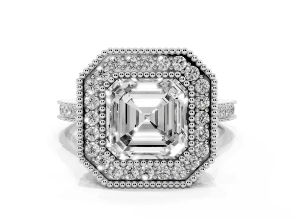 Asscher Cut Diamond Halo Ring with Milgrain Frame and Pavé Band Platinum