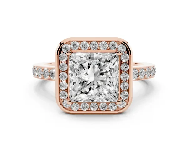 Princess Cut Diamond Halo Ring with Bezel Frame and Pavé Band Rose gold