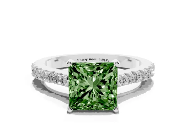 Fancy Green Princess Cut Cut Solitaire Diamond Engagement Ring with Pave Band and Four-Prong Setting White gold