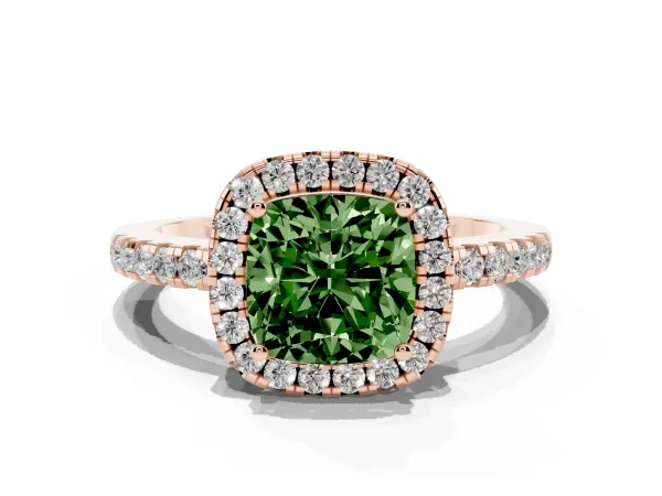 Fancy Green Cushion Cut Halo Diamond Engagement Ring with Pavé Band and Four-Prong Setting Rose gold