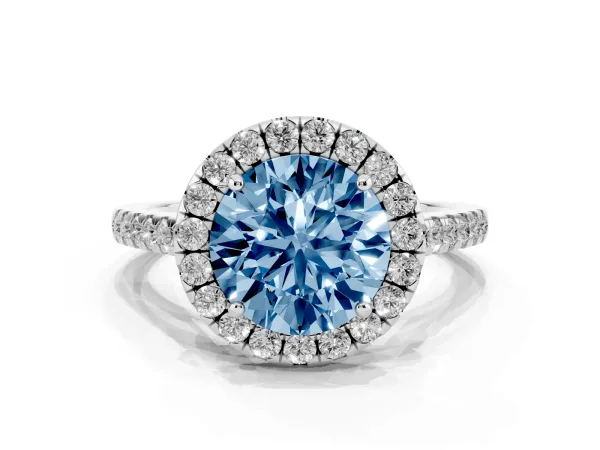 Fancy Blue Round Cut Halo Pave Diamond Engagement Ring with Four-Prong Setting Platinum