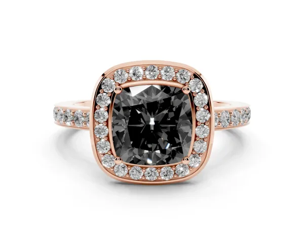 Fancy Black Cushion Cut Diamond Halo Ring with Bezel Frame and Pavé Band Rose gold