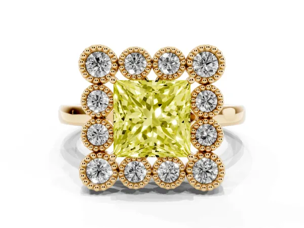Fancy Yellow Princess Cut Halo Diamond Cluster Engagement Ring with Milgrain Bezel Setting and Solitaire Band Yellow gold