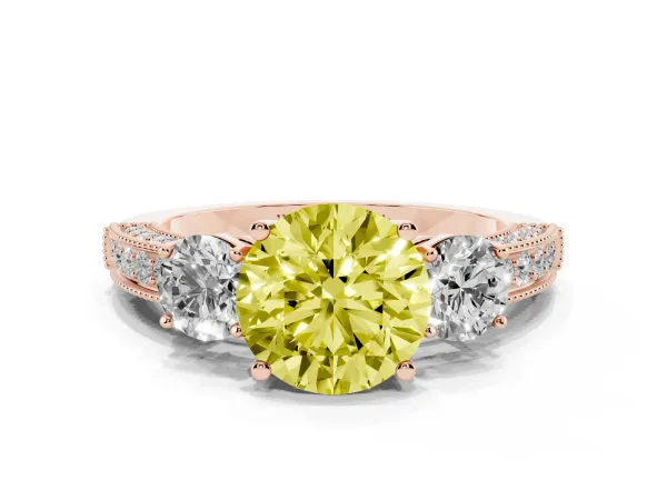 Fancy Yellow Round Cut Three-Stone Diamond Ring with Pavé Band and Four-Prong Setting Rose gold