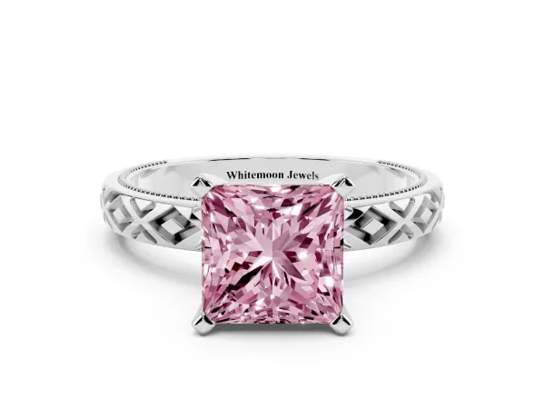 Fancy Pink Princess Cut Solitaire Diamond Ring with Milgrain and Black Enamel X Pattern Band Platinum