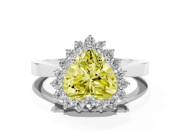 Fancy Yellow Heart Cut Cut Diamond Halo Ring with Round Brilliant Halo and Solitaire Band Platinum
