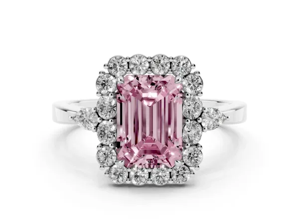 Fancy Pink Emerald Cut Diamond Halo Ring with Pear Side Stones and Prong Setting Platinum