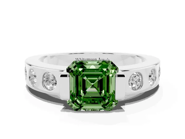 Fancy Green Asscher Cut Brilliant Channel-Set Diamond Ring with Bezel Prong Setting Platinum