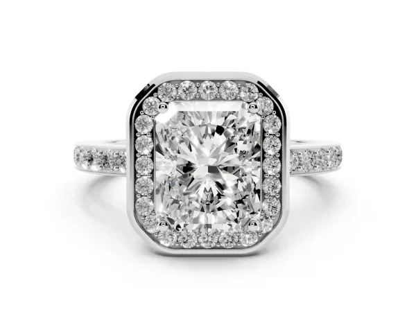 Radiant Cut Diamond Halo Ring with Bezel Frame and Pavé Band White gold