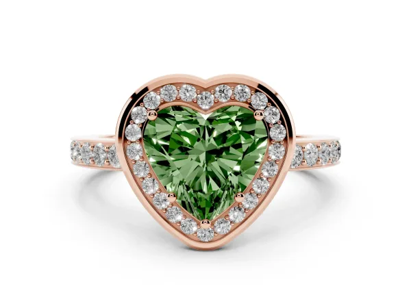 Fancy Green Heart Cut Diamond Halo Ring with Bezel Frame and Pavé Band Rose gold