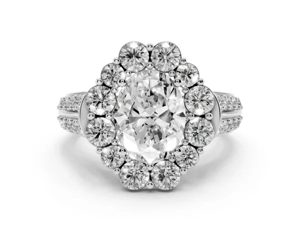 Oval Cut Halo Diamond Engagement Ring with Split Shank and Prong Setting Platinum