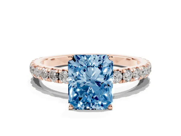 Fancy Blue Radiant Cut Diamond Pavé Solitaire Engagement Ring with Four-Prong Setting Rose gold