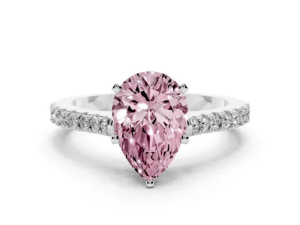 Fancy Pink Pear Cut Cut Solitaire Diamond Engagement Ring with Pave Band and Four-Prong Setting Platinum