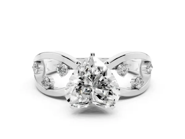 Heart Cut Cut Solitaire Diamond with Side Stones on Criss-Cross Band and Four-Prong Setting Platinum