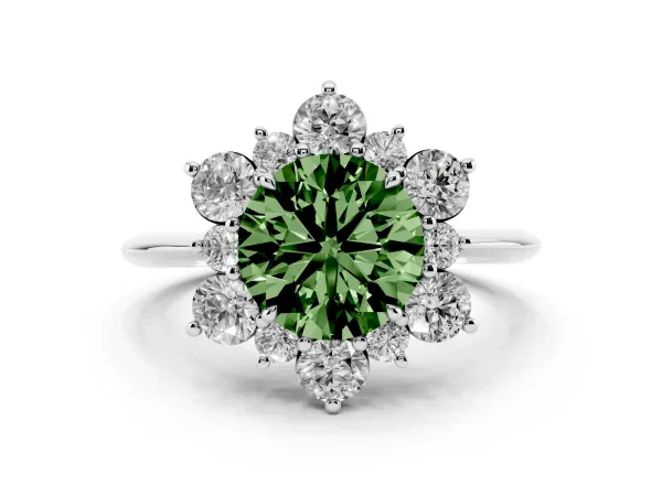 Fancy Green Round Cut Diamond Cluster Halo Ring with Solitaire Band and Four-Prong Setting Platinum