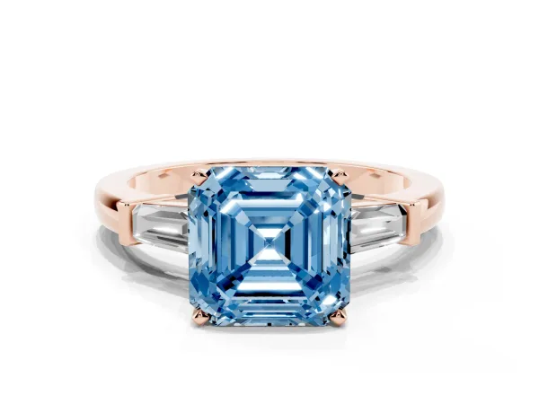 Fancy Blue Asscher Cut Cut Diamond Solitaire Ring with Tapered Baguette Accents and Four-Prong Setting Rose gold