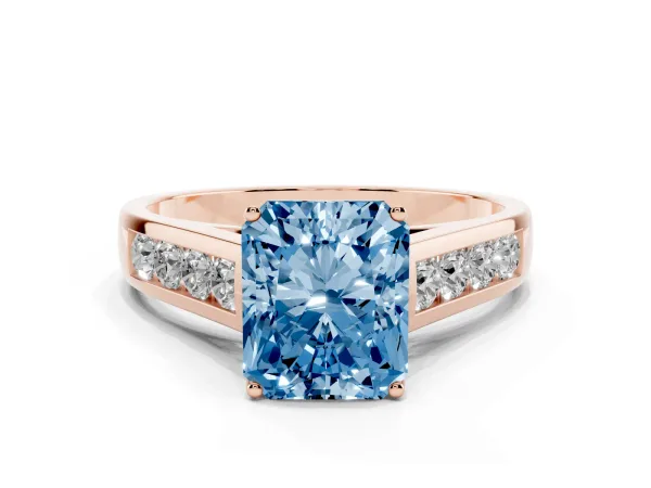 Fancy Blue Radiant Cut Solitaire Channel-Set Diamond Engagement Ring with Four-Prong Setting Rose gold