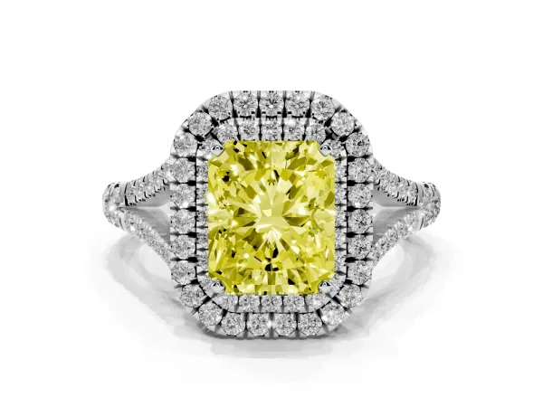 Fancy Yellow Double Halo Radiant Cut Diamond Split Shank Engagement Ring with Four-Prong Setting Platinum