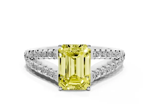 Fancy Yellow Emerald Cut Diamond Split Shank Pavé Engagement Ring with Four-Prong Setting Platinum