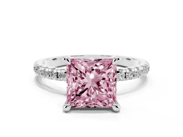 Fancy Pink Princess Cut Diamond Brilliant Solitaire Ring with Pavé Band and Four-Prong Setting Platinum