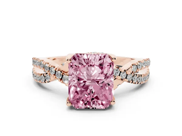 Fancy Pink Radiant Cut Solitaire Twist Pave Diamond Engagement Ring with Prong Setting Rose gold