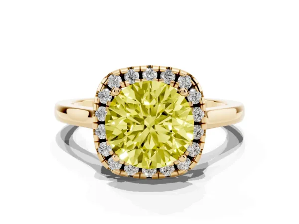 Fancy Yellow Round Cut Halo Round Diamond Solitaire Ring with Pavé Band and Four-Prong Setting Yellow gold