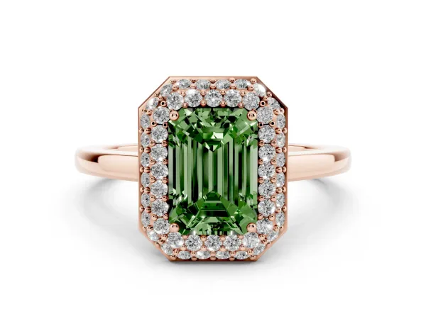 Fancy Green Emerald Cut Halo Diamond Engagement Ring with Solitaire Band and Four-Prong Setting Rose gold