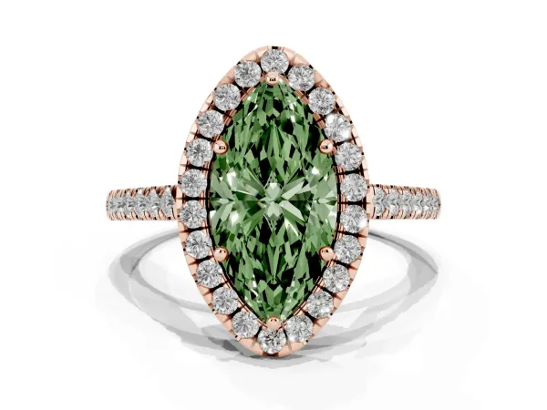 Fancy Green Marquise Cut Halo Pavé Diamond Engagement Ring with Four-Prong Setting Rose gold