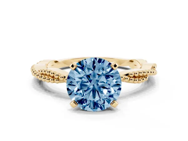 Fancy Blue Round Cut Solitaire Twisted Band with Bead Prong Setting Yellow gold
