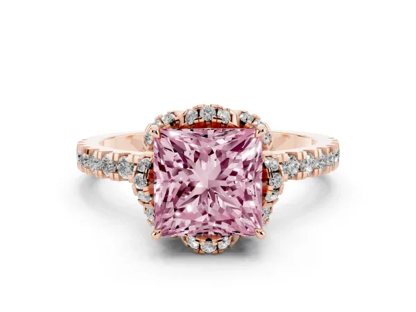 Fancy Pink Princess Cut Halo Diamond Pave Band Ring with Four-Prong Setting Rose gold