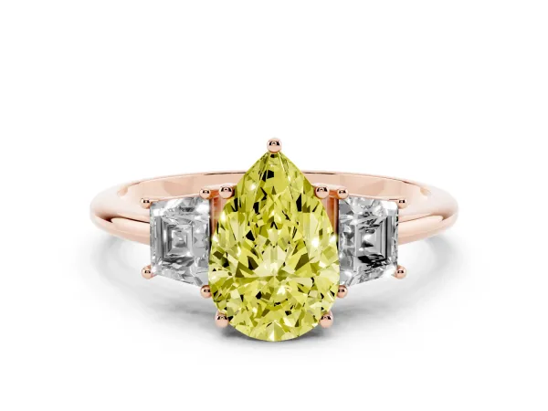 Fancy Yellow Pear Cut Diamond Three-Stone Ring with Trapezoid Side Stones and Prong Setting Rose gold