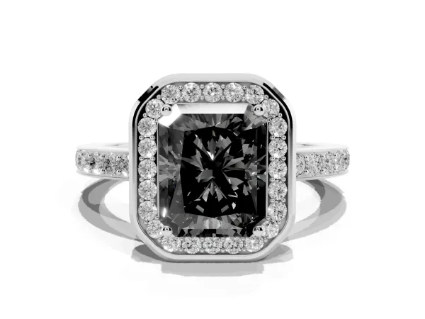 Fancy Black Radiant Cut Diamond Halo Ring with Bezel Frame and Pavé Band White gold