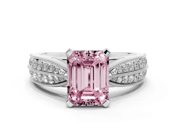 Fancy Pink Emerald Cut Diamond Solitaire Ring with Milgrain Round Pavé Band and Prong Setting White gold